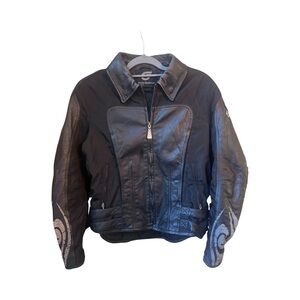 Hein Gericke Women’s Motorcycle Leather Jacket Size 10 Black Embroidered Logo